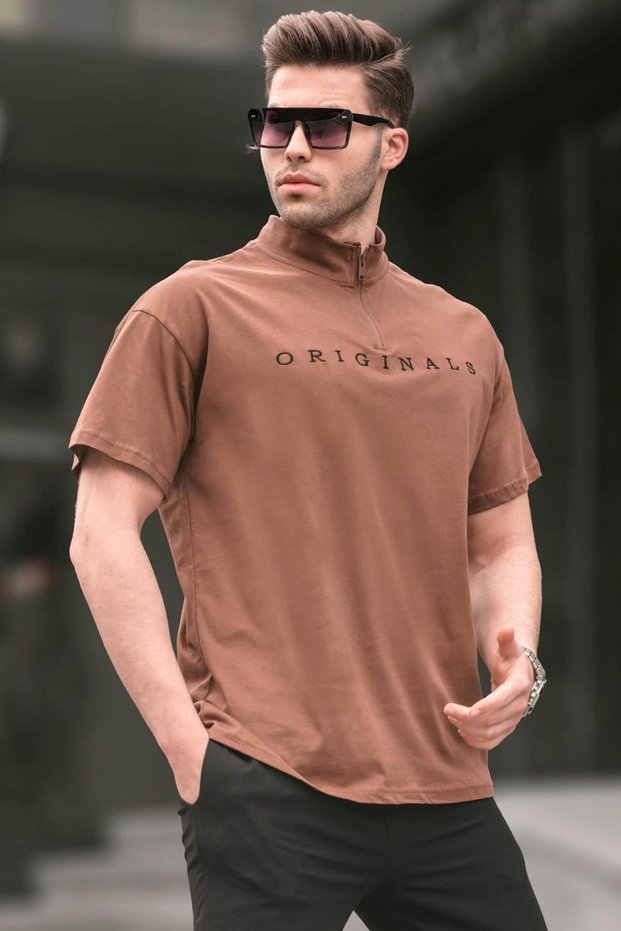 Brown Zipper Collar Men's T-Shirt 5858