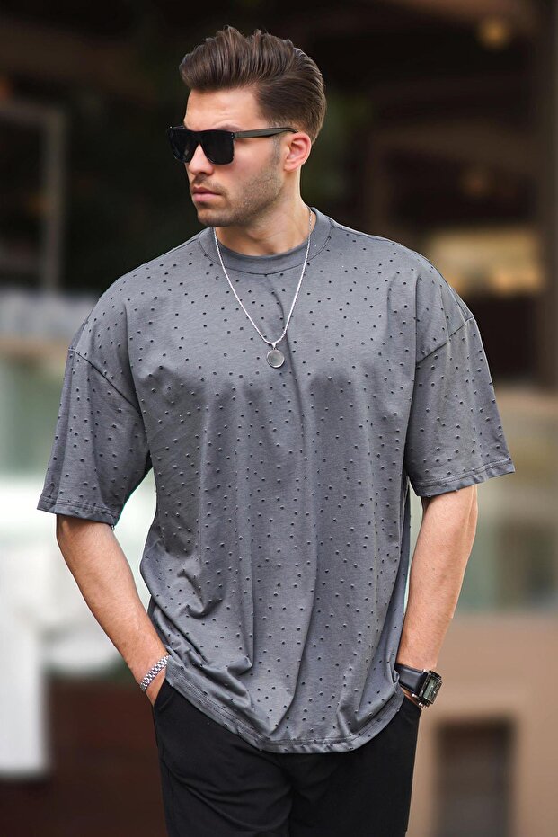 Smoked Oversize Ripped Detailed Cotton T-Shirt 7032