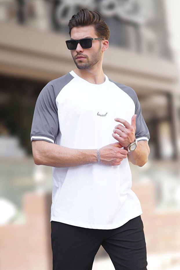 White Crew Neck Embroidered Detailed Short Sleeve Men's T-Shirt 7013