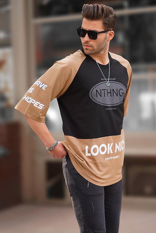 Black Crew Neck Color Block Printed Men's T-Shirt 7027