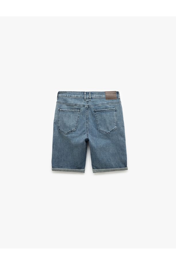Slim Fit Kot Şort Yırtık Bermuda Cep Detaylı Katlı Paça Pamuklu - 5