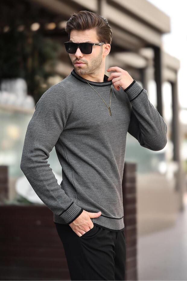 Anthracite Crew Neck Striped Detail Long Sleeve Knitted Sweater 7245