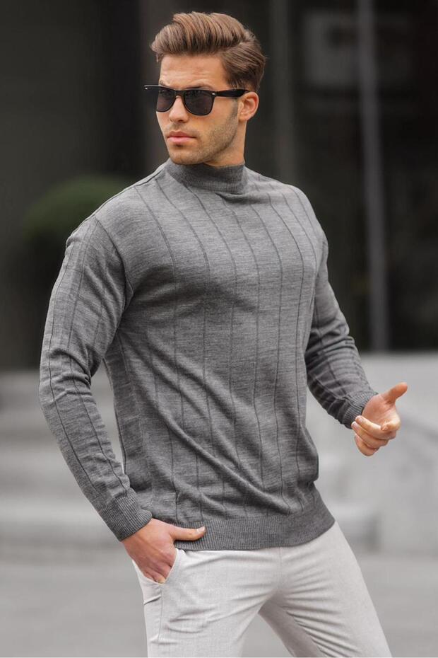 Anthracite Slim Fit Half Turtleneck Striped Non-Pilling Men's Knitwear Sweater 6344