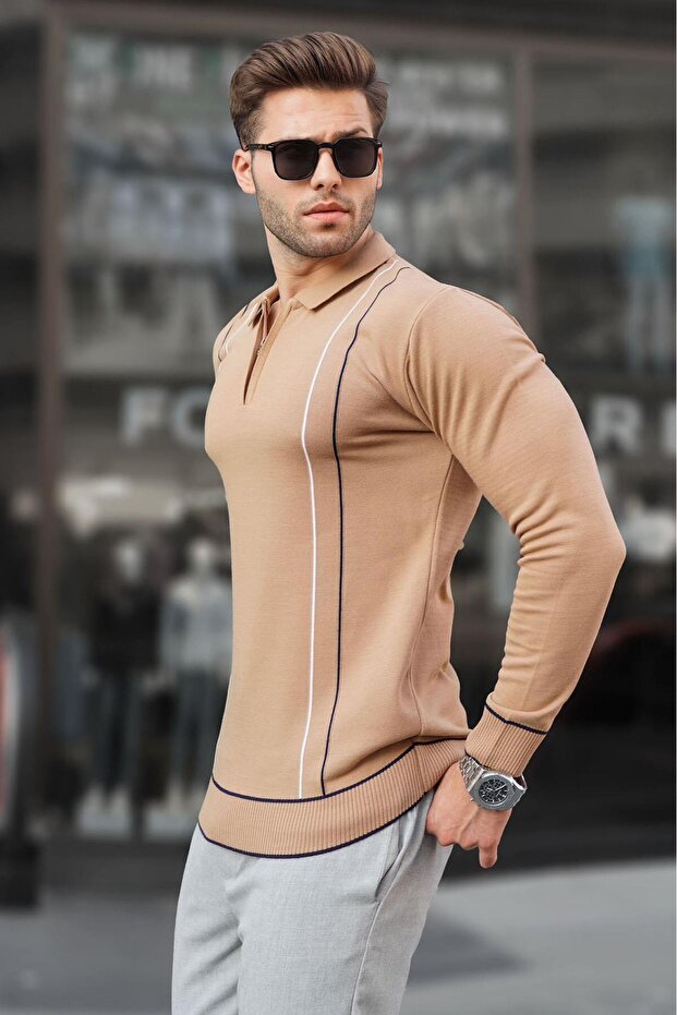 Biscuit Zippered Polo Collar Knitwear Men's Sweater 6823