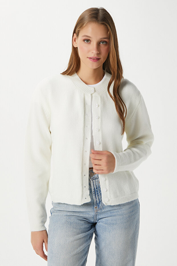 Kadın Nina Bisiklet Yaka Ekru Basic Hırka - 8