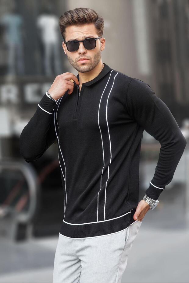 Black Zippered Polo Neck Knitwear Men's Sweater 6823