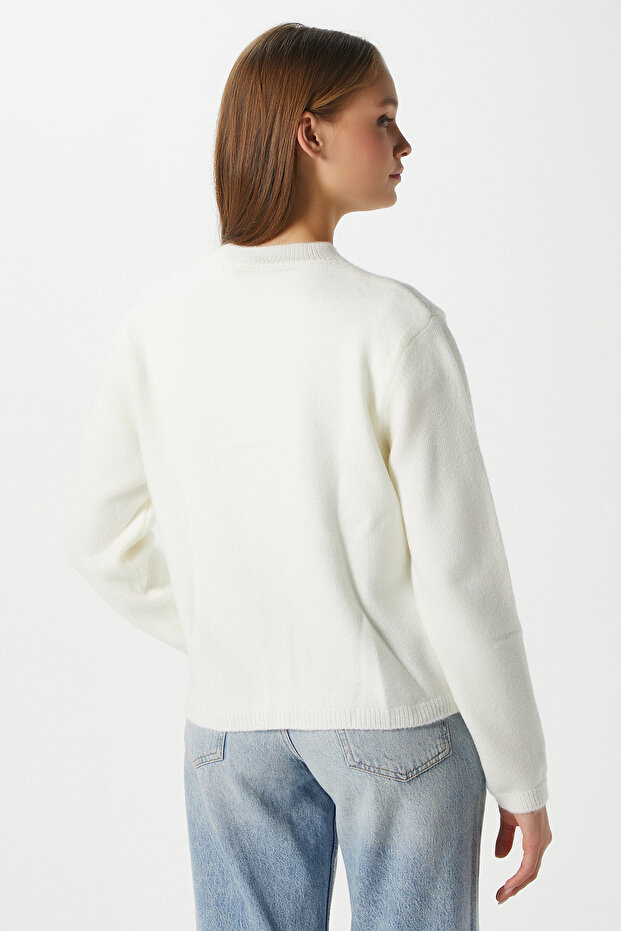 Kadın Nina Bisiklet Yaka Ekru Basic Hırka - 6