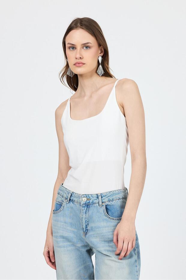 Ecru Thin Strap Snap Bodysuit 13255 - 7