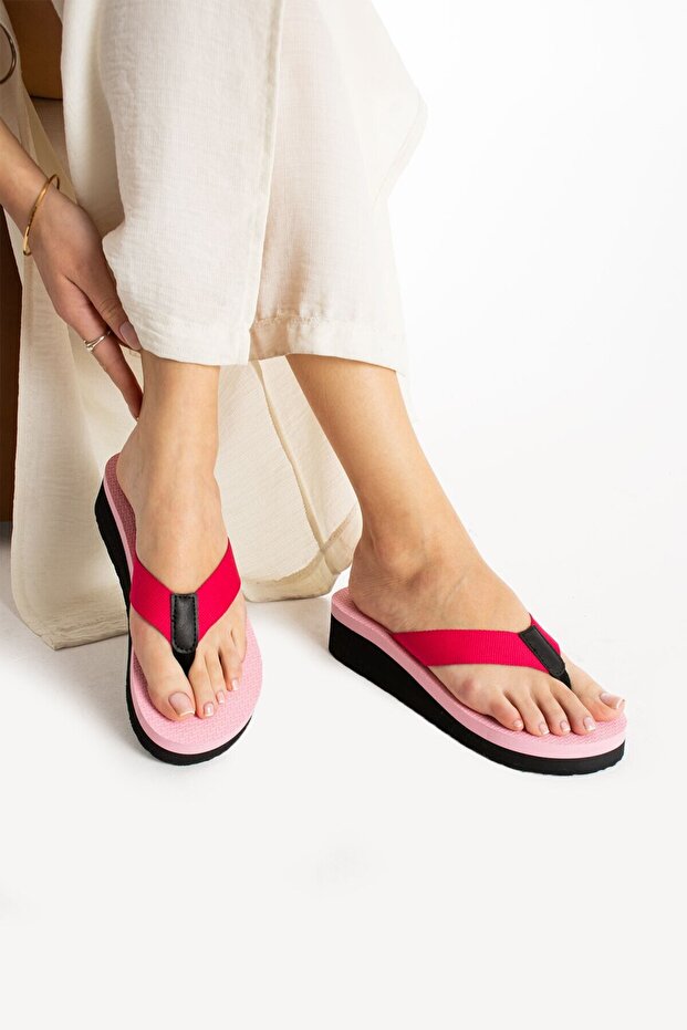 Kaila Women's Pink Platform Wedge Heel 4.5cm Fabric Flip Flops Summer Pool Beach Slippers