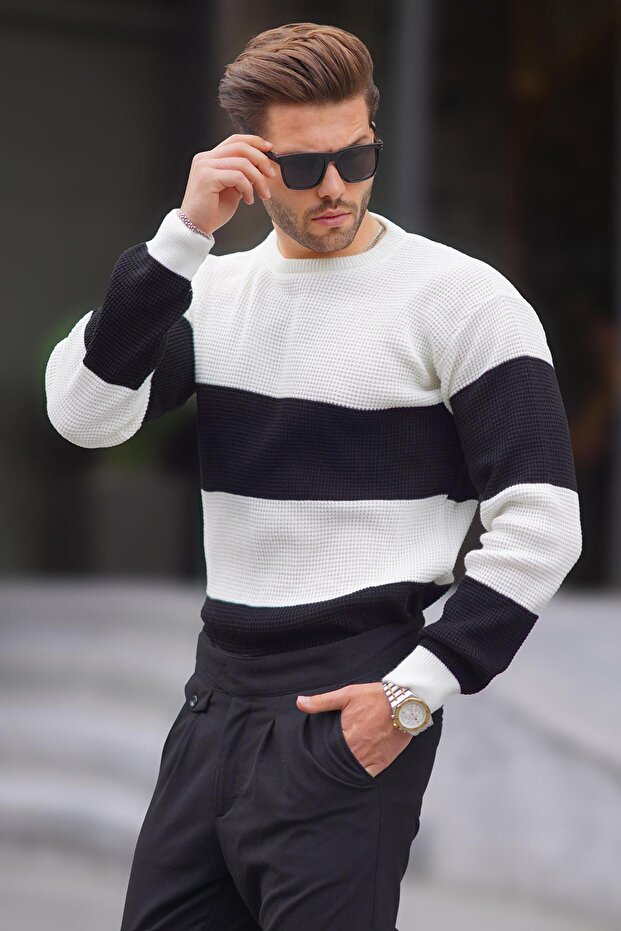 Bone Crew Neck Color Block Long Sleeve Knitted Sweater 7236