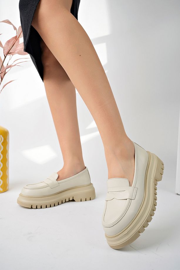 Bej Hakiki Deri Kalın Tabanlı Kadın Loafer Ayakkabı Platform Bej Rengi Loafer Yüksek Taban Mokasen - 6