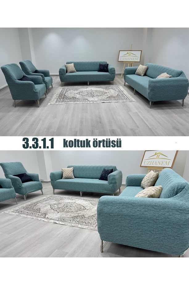 Streç Lastikli Esnek Yıkanabilir Pamuklu 3+3+1+1 Jakarlı Koltuk Örtüsü Takımı Koltuk Kılıfı - 7