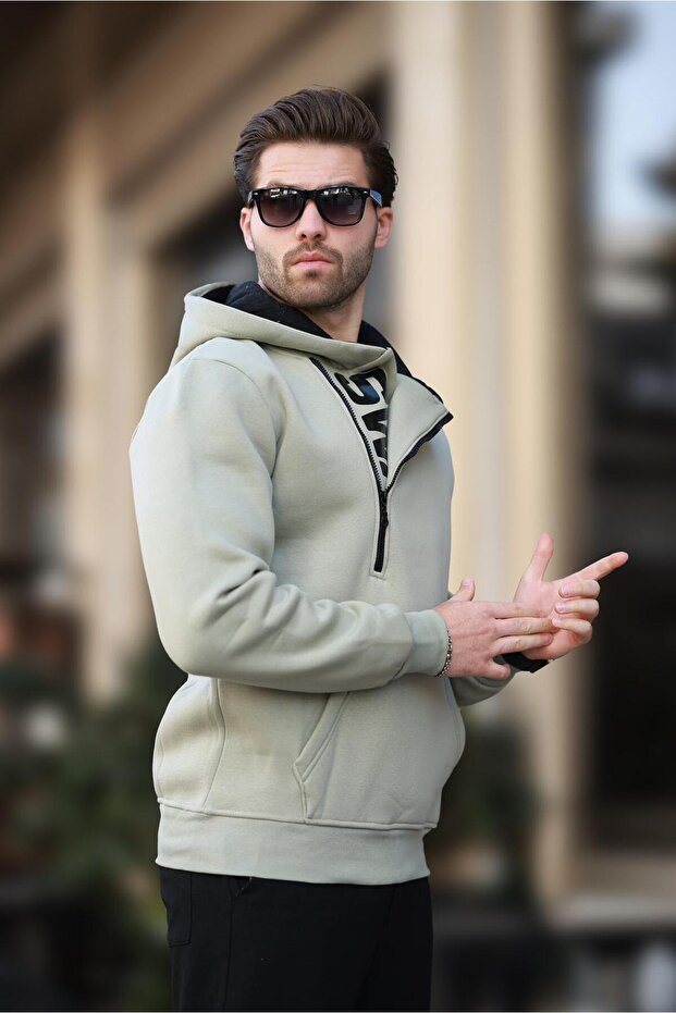 Mint Green Zipper Detailed Hooded Sweatshirt 1767