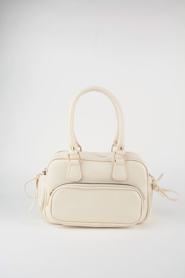 Women's Mila Cream Wrinkled Shiny Faux Leather Zipper Closure Strap Handbag and Shoulder Bag