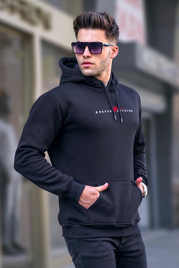 Siyah Basic Kapüşonlu Sweatshirt 6002 - 1