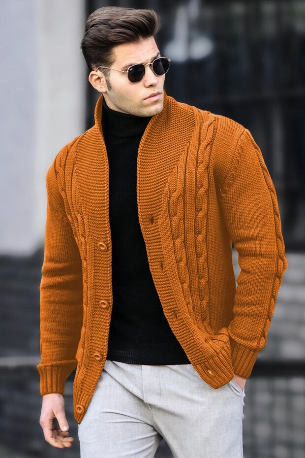 Senf gestrickte Strickjacke 9053 - 1