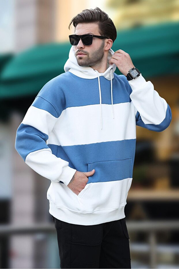 Ecru Hooded Color Blocked Men's Sweatshirt with Pocket Detail 7044