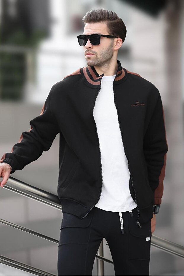 Men's Cardigan 7081 - Black, Half Turtleneck, Zippered and Printed