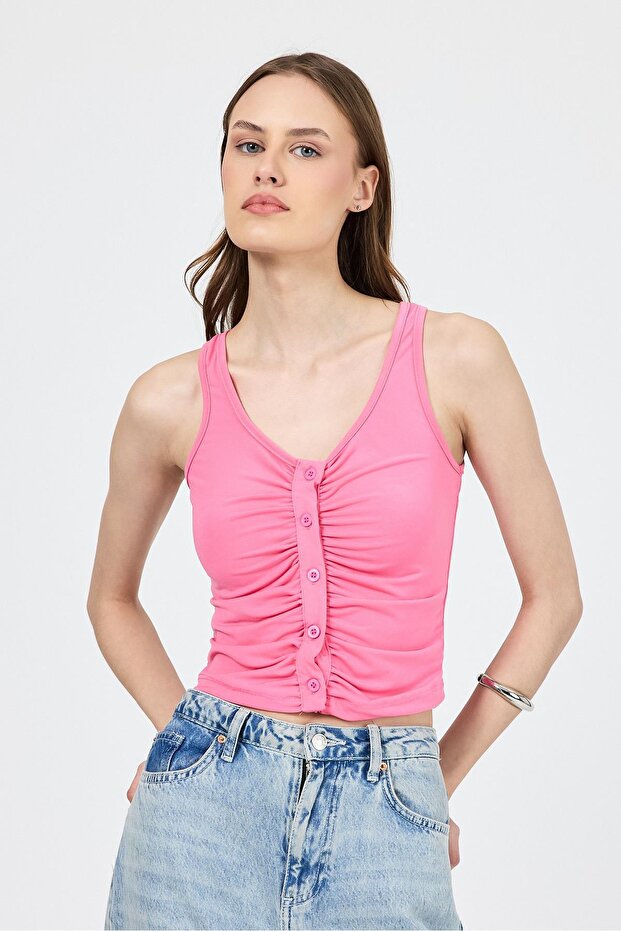 قميص داخلي وردي اللون برقبة على شكل حرف U وأزرار 13298 - 3