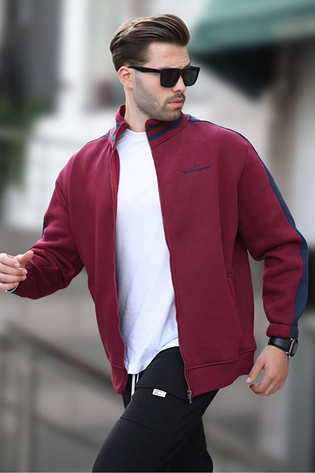 Men's Cardigan - Claret Red, Half Turtleneck, Zippered, Printed 7081