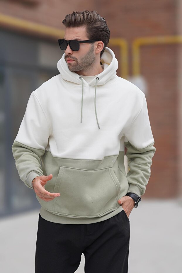 7046 Model Men's Hooded Ecru Sweatshirt - Color Block and Print Detail