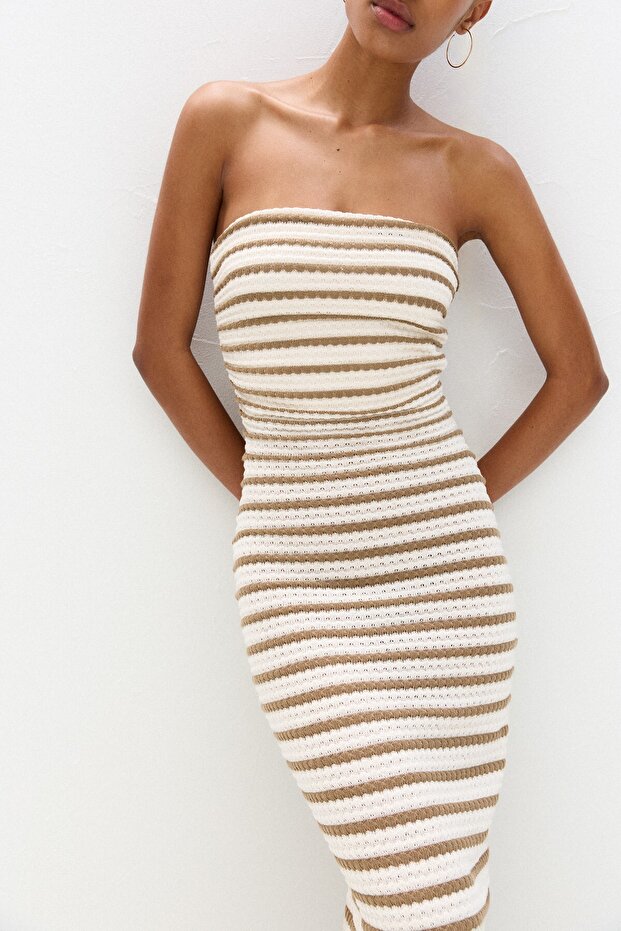 Çizgili rustik midi elbise - 6