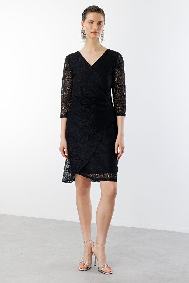 Simli Dantelli V Yaka Elbise - 2