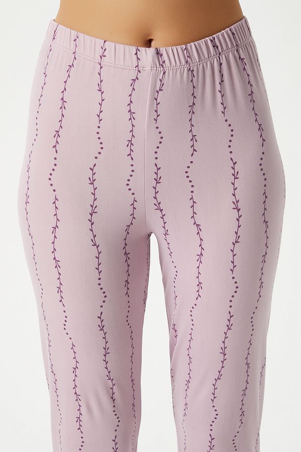 Kadın Spring Yumuşak Doku Lila Bahar Dalı Ön Düğmeli Kısa Kollu Pijama Takımı - 8