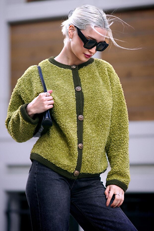 Green Buttoned Boucle Knitwear Cardigan MG1949