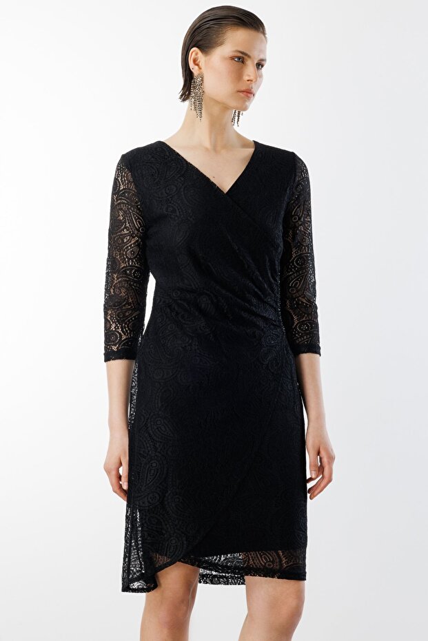 Simli Dantelli V Yaka Elbise - 4