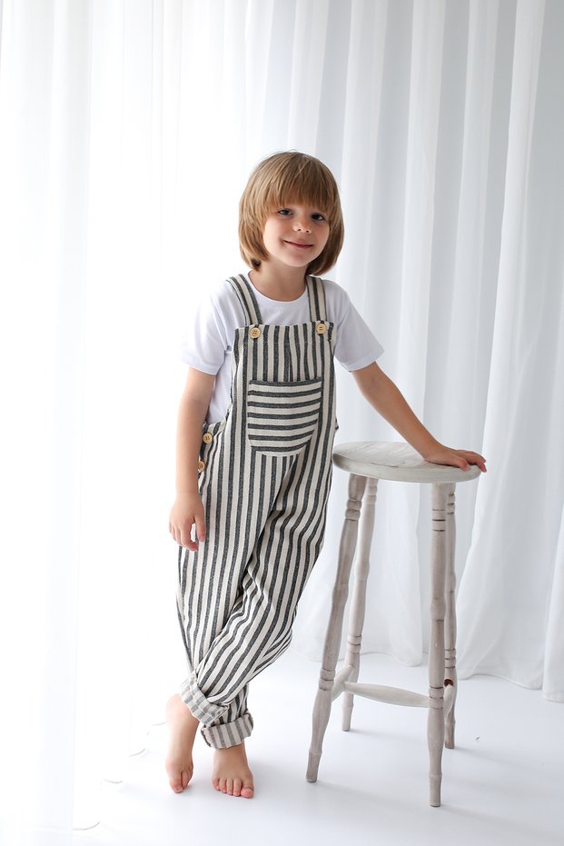 Boy's Black and White Striped Linen Velvet Jumpsuit