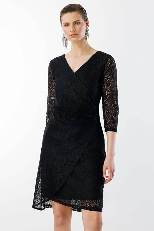 Simli Dantelli V Yaka Elbise - 1