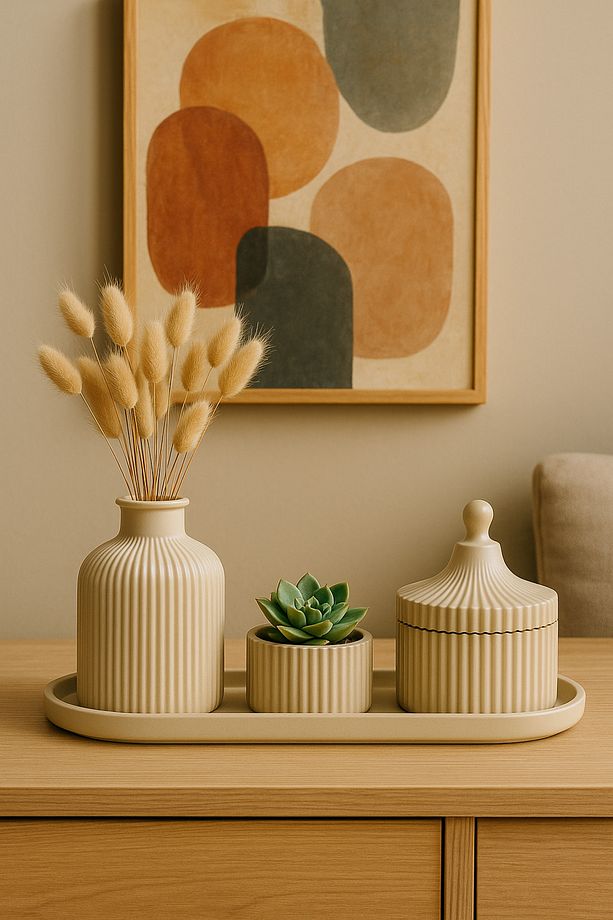 Çizgili Bohem Dekoratif Set 3’lü | Krem | Modern & Minimal Tasarım - 1