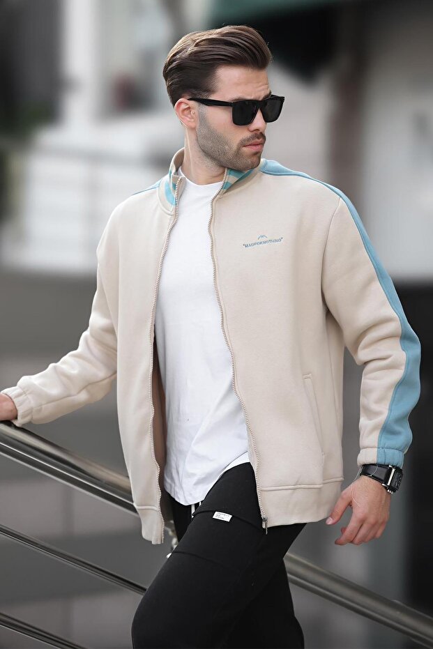 Beige Half-Turtleneck Zip-Up Printed Men's Cardigan 7081