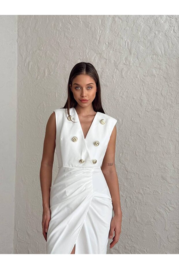 V-Neck Stylish Button Detail Deep Slit Sleeveless Midi Evening Dress