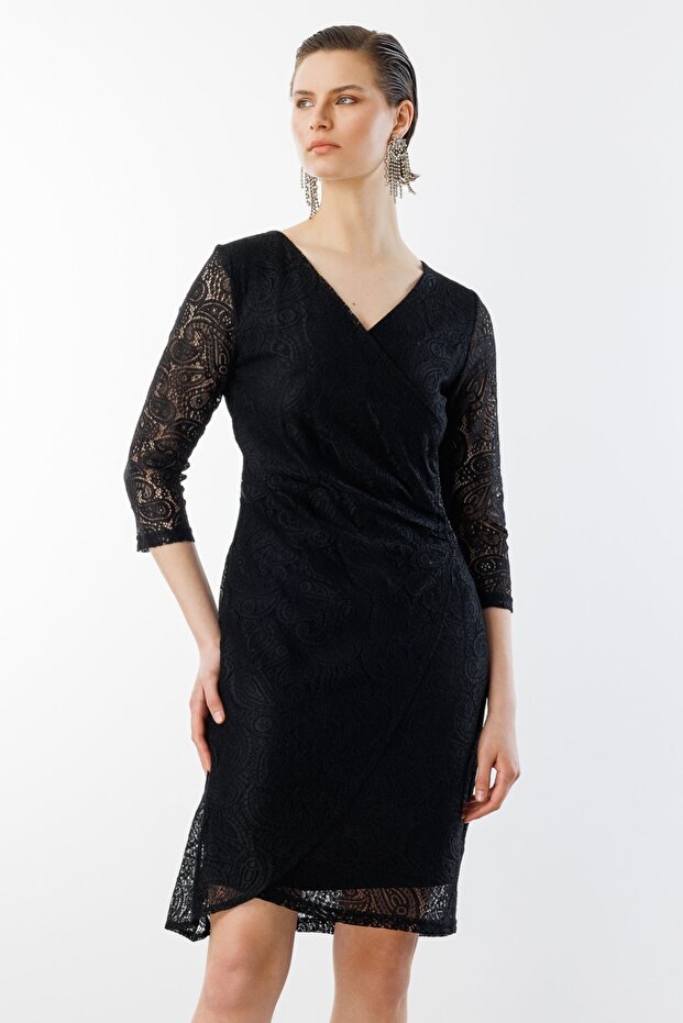 Simli Dantelli V Yaka Elbise - 3