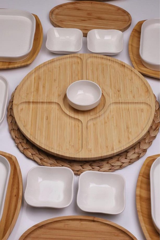 Natural Line 6 Kişilik 22 Parça Seramik ve Bambu Kahvaltı Takımı Lüks Kahvaltılık Sunum Set - 2