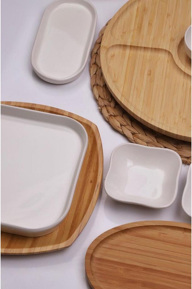 Natural Line 6 Kişilik 22 Parça Seramik ve Bambu Kahvaltı Takımı Lüks Kahvaltılık Sunum Set - 3