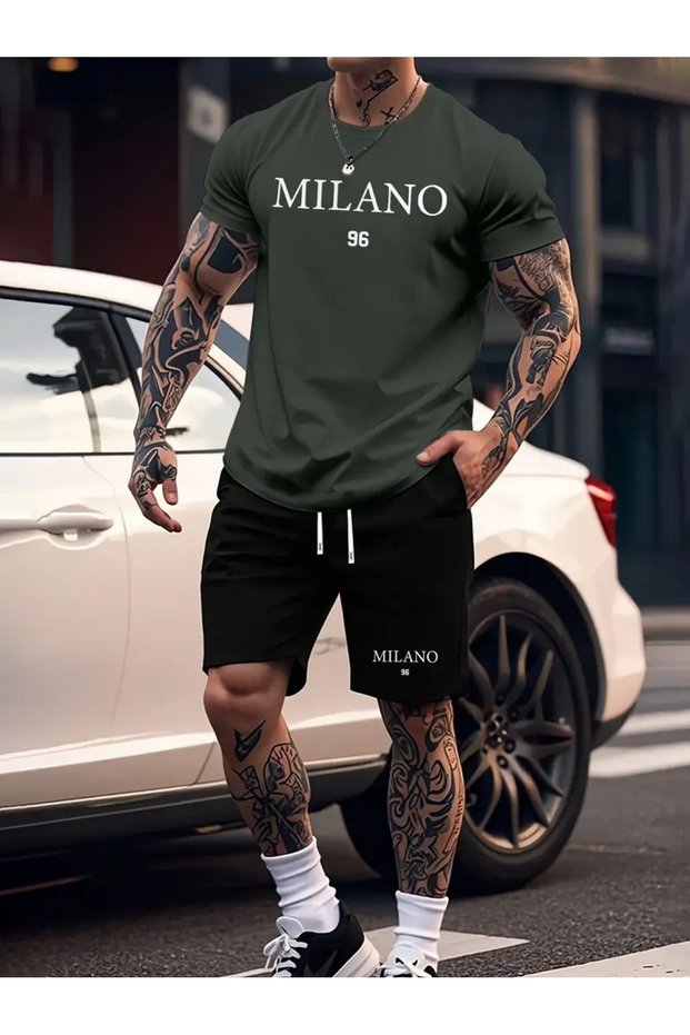 Milano 96 Printed Men's Summer Comfortable Two-Piece Set - Stylish Black T-Shirt and Black Shorts Outfit,