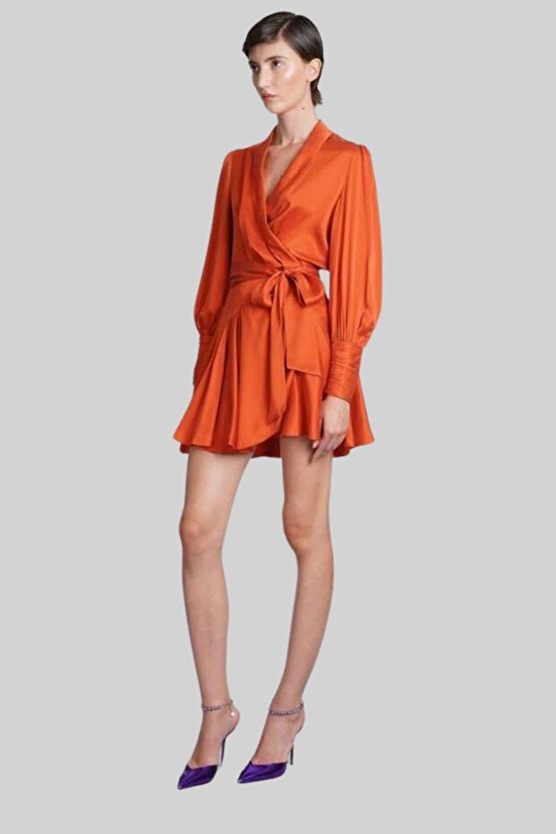 Kadın Ipek Mini Elbise Turuncu - 4