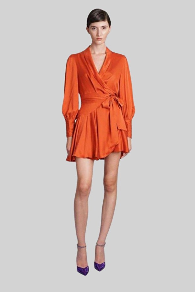 Kadın Ipek Mini Elbise Turuncu - 1