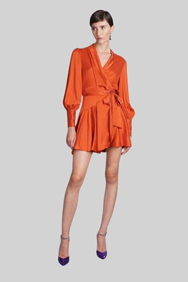 Kadın Ipek Mini Elbise Turuncu - 2