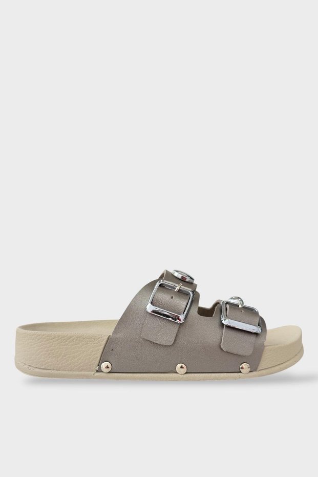Women's Double Banded Buckle Detailed Daily Comfort Slippers Silver
