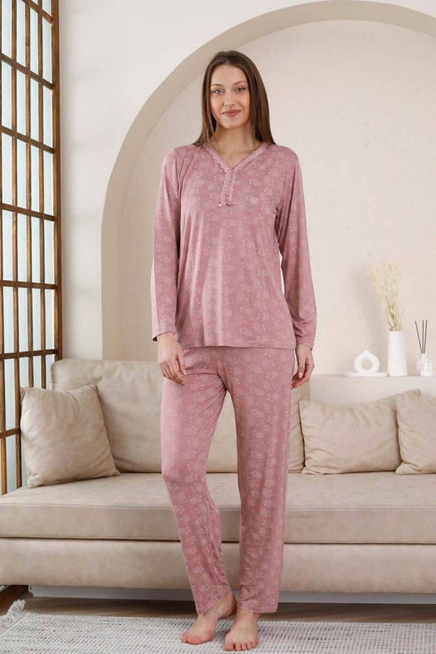 Uzun Kollu Pijama Takımı - Gülkurusu Çiçek Desen Likralı Viskon 2851uy - 3