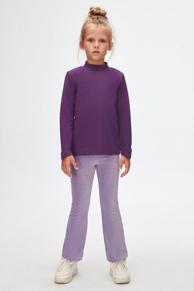 Purple Basic Winter Half Turtleneck Long Sleeve Girls' T-Shirt