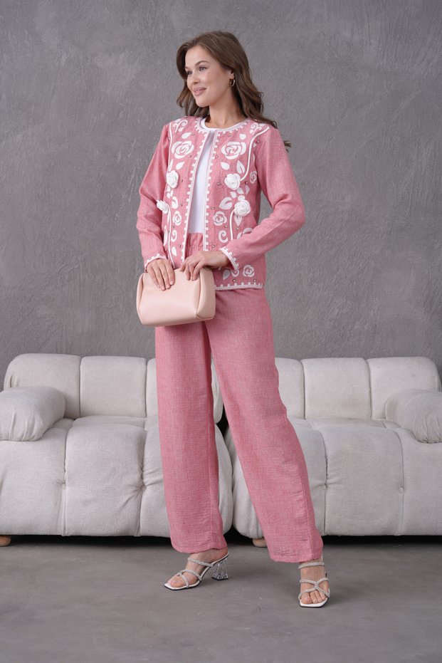 Women's Embroidered Rose Flower and Stone-Detail Linen Jacket and Pants Top and Bottom Set
