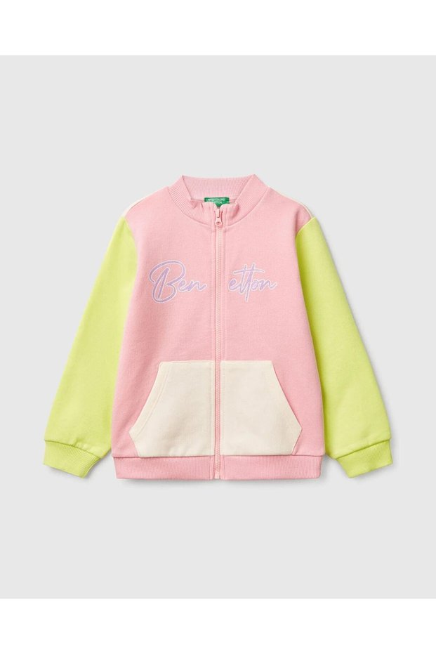 Girl's Pink Mix Glitter Benetton Logo Embroidered Zipper Sweatshirt