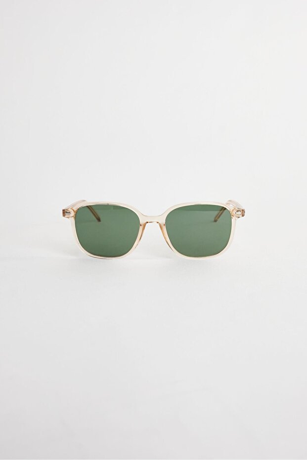 Unisex Transparent Beige Framed Green Glass Sunglasses