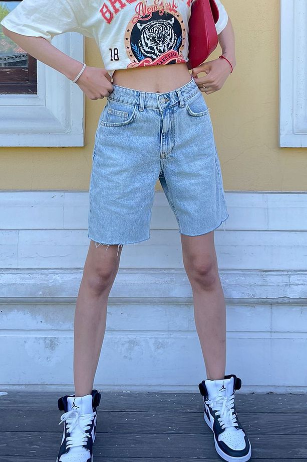 Buz Mavisi Yüksek Bel Regular Fit Basic Kot Şort Mg1495 - 8