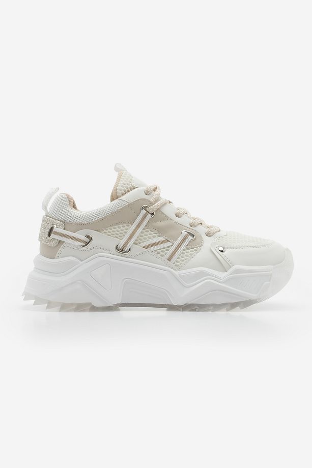 Kadın Sneaker Bağcıklı Fileli Kalın Taban Spor Ayakkabı Azlin Bej - 3